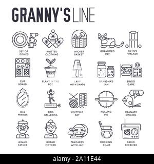Set of grandmother`s house, lifestyle things and food thin line icons on white. Elder people belongings outline pictograms collection. Grannies hobbies and meals vector element for infographic, web. Stock Vector